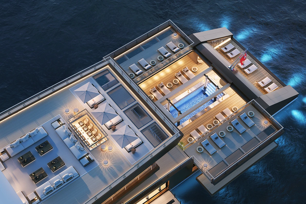 The yacht features a huge 900-sq m (9,688-sq ft) panorama deck