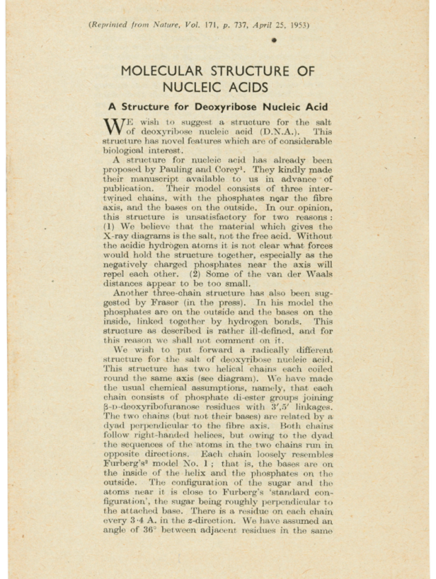 Molecular Structure of Nucleic Acids by James Watson and Francis Crick (April 25, 1953) | Auction Description | Estimate: $7,596 to $10,128 | Auction Date: July 9, 2019