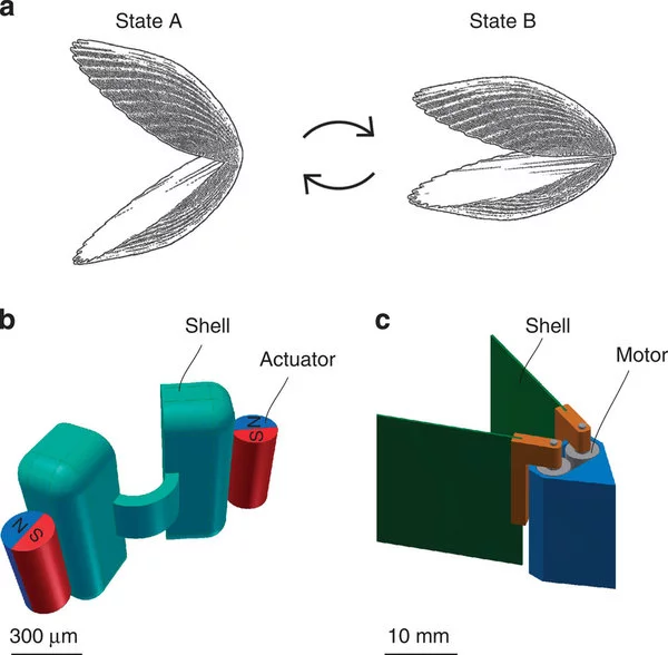 The micro scallops literally open and close their "shells" to compress the fluid and force it out behind them, which then propels them along (Image: Max Planck Institute)