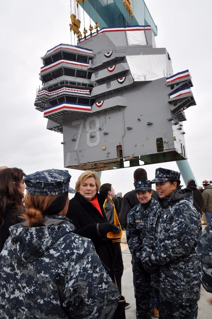 ISland being fitted to the flight deck of USS Gerald R Ford
