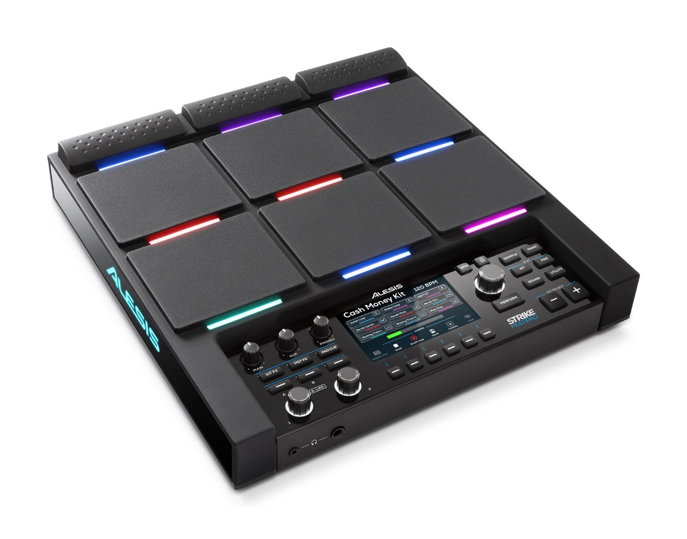 The Strike MultiPad's nine velocity-sensing pads up to are accompanied by custom-controlled RGB lights