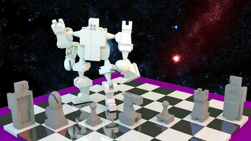 The pieces in Joseph Larson's 3D-printable chess set fit together into what he describes as "the ultimate chess fighting robot" - two of them, actually, with inverted knights for feet and bishops for hands