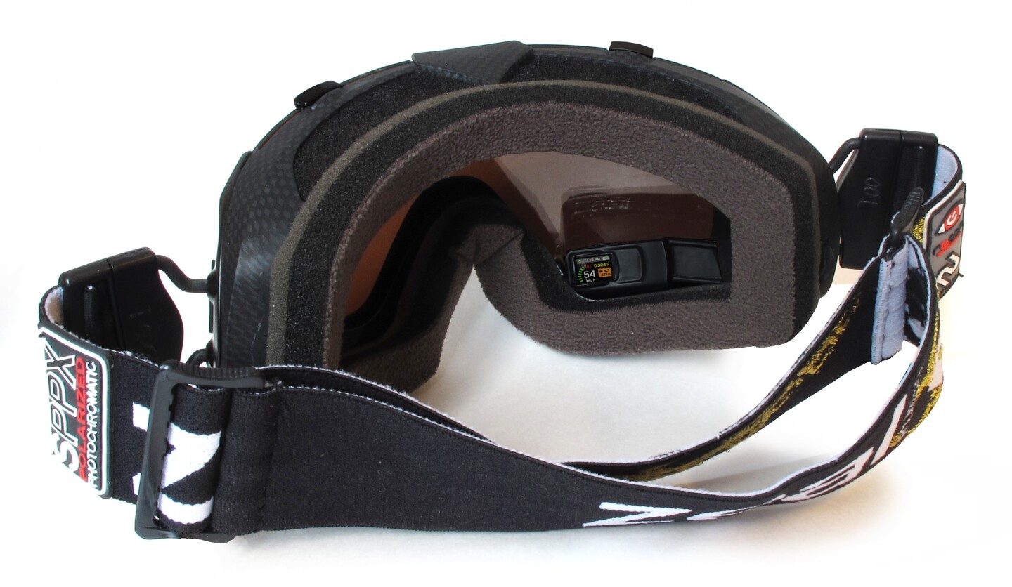 The image on the tiny LCD inside the goggles is made to appear as though it hangs about six feet in front of the user