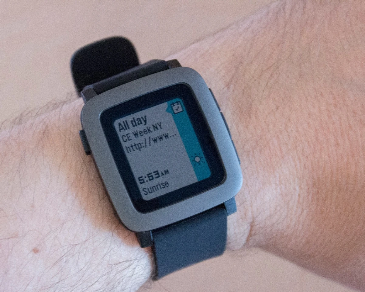An upcoming calendar event in Pebble's time-based UI