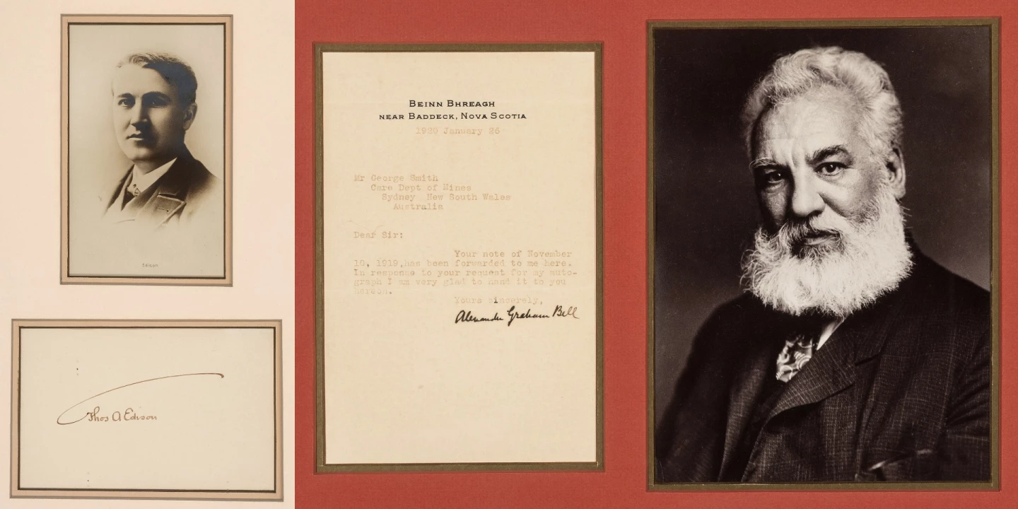 With an estimate of just $400 to $600, this group of framed autographs of three giants of modern technology would be the steal of the auction. Thomas Edison, Alexander Graham Bell, and Guglielmo Marconi all had a profound influence on the modern world with their inventions: the electric light, the telephone, radio, the phonograph, the telegraph, motion pictures ...
