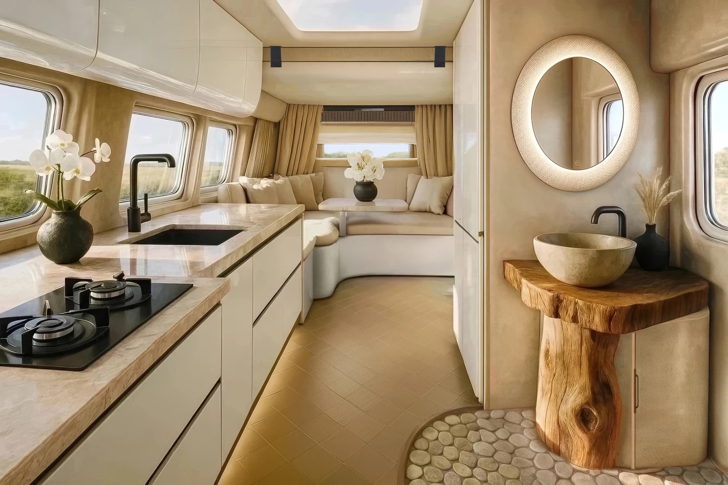 By partitioning off the living area with a wall and curtains, widening the aisle, and using warm, earthy materials and colors throughout, Robeta creates a space that feels less like a conventional camper van, more like an inviting mini-home