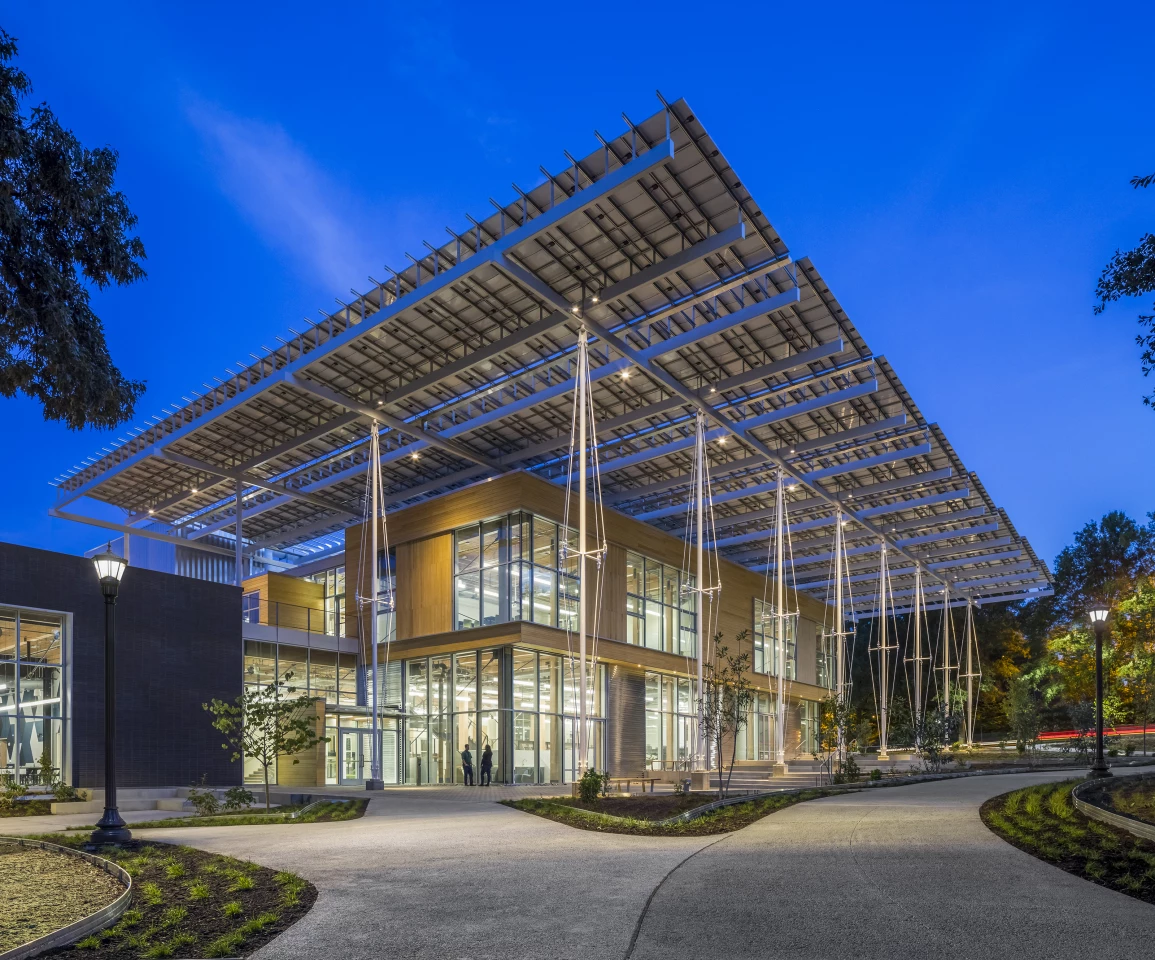 The Kendeda Building for Innovative Sustainable Design is defined by a large west-facing "Regenerative Porch" which riffs on traditional southern design and provides shading