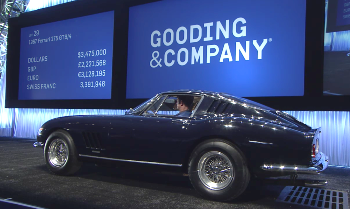 Referred to in the official Gooding & Co description as a "virtual time-warp 275 GTB/4," this 1967 Ferrari 275 GTB/4 is believed to retain the majority of its factory-original paint finish. The drivetrain, interior, mufflers, and even the tires are also thought to be original, with the undercarriage replete with original plating and finishes, the original brake hoses, stencils, decals, hardware, and factory markings.Carefully preserved in every respect with a string of top level concours honors, perfect books and factory-original tool roll, it is one of the most original 275s in existence. The final price fell just below the estimated range of between $4,000,000 and $6,000,000 at $3,877,500