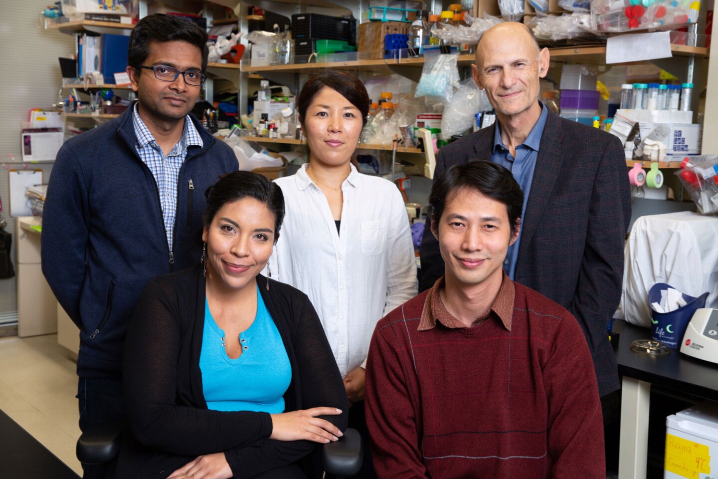 Pradeep Reddy (front left) was a member of a research team at the Salk Institute that has developed a promising anti-aging technology using the CRISPR gene-editing tool