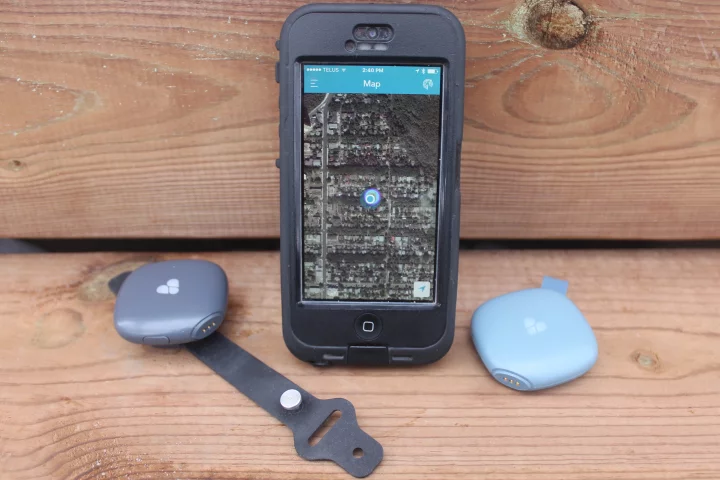 The Findster Duo+ system consists of an iOS/Android app along with a Pet module (left) and a Guardian module (right)