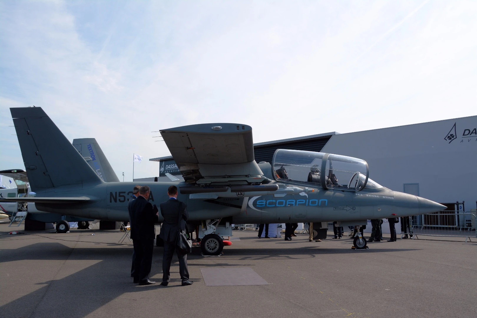 "See, Sense, Sting" can be seen on the nose of this Textron AirLand Scorpion, making its Paris debut