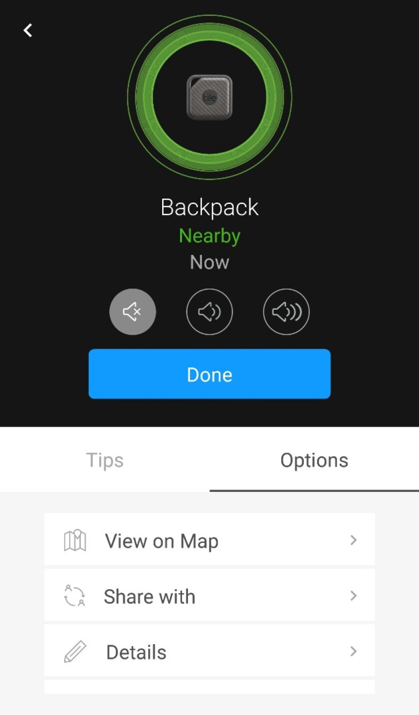 If the Tile Sport's audible alarm isn't practical, a visual guide mode uses green circles to show whether you're getting "warmer or cooler" from the object