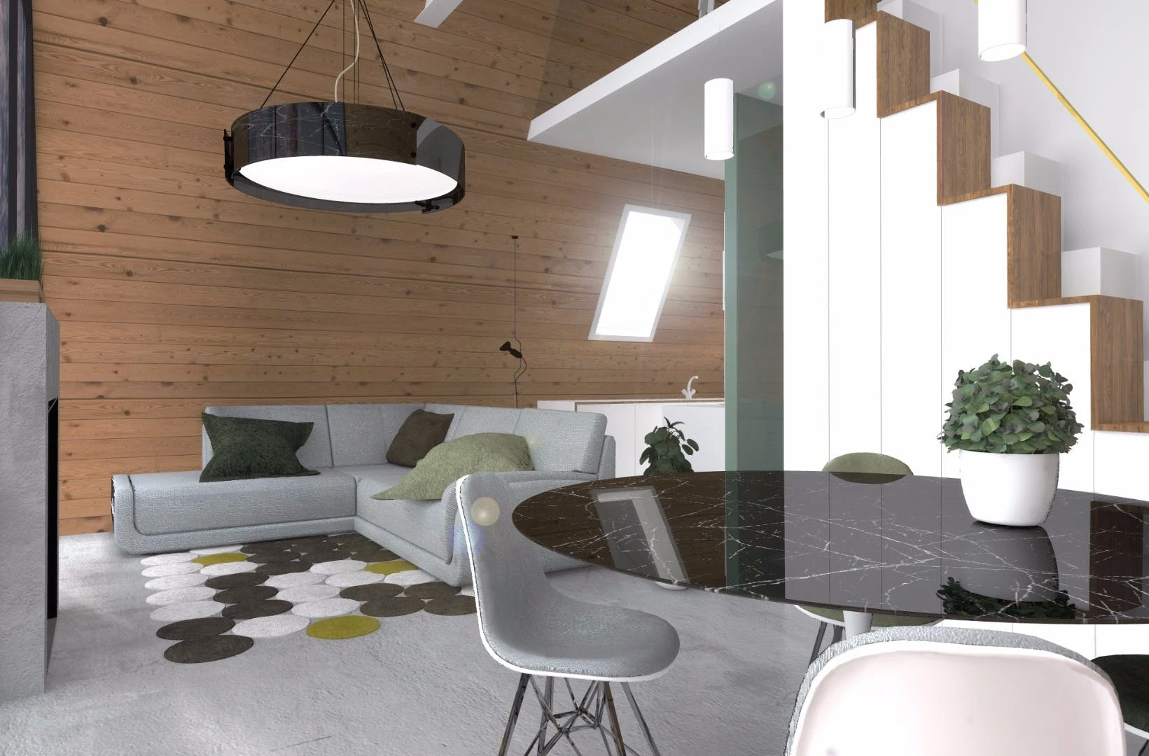 Rendering of the lower level of the flatpack M.A.Di house