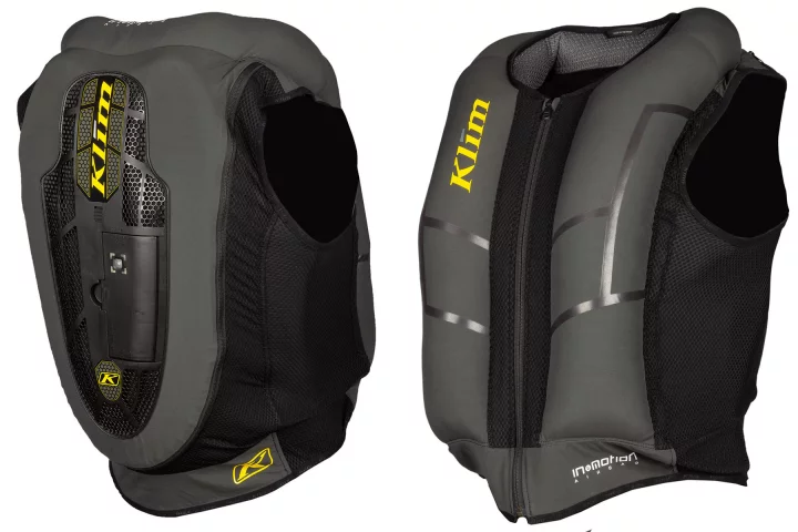 The Klim AI-1 airbag vest, with integrated CE back protector and In&Motion AI-driven airbag protection, slips under your normal riding jacket