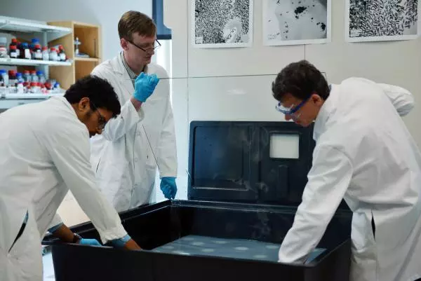 The new transparent aerogel is settled on a pane of glass in a tub