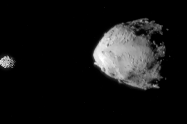 The binary asteroid system, Dimorphos (left) and Didymos (right), which were the subject of the DART mission