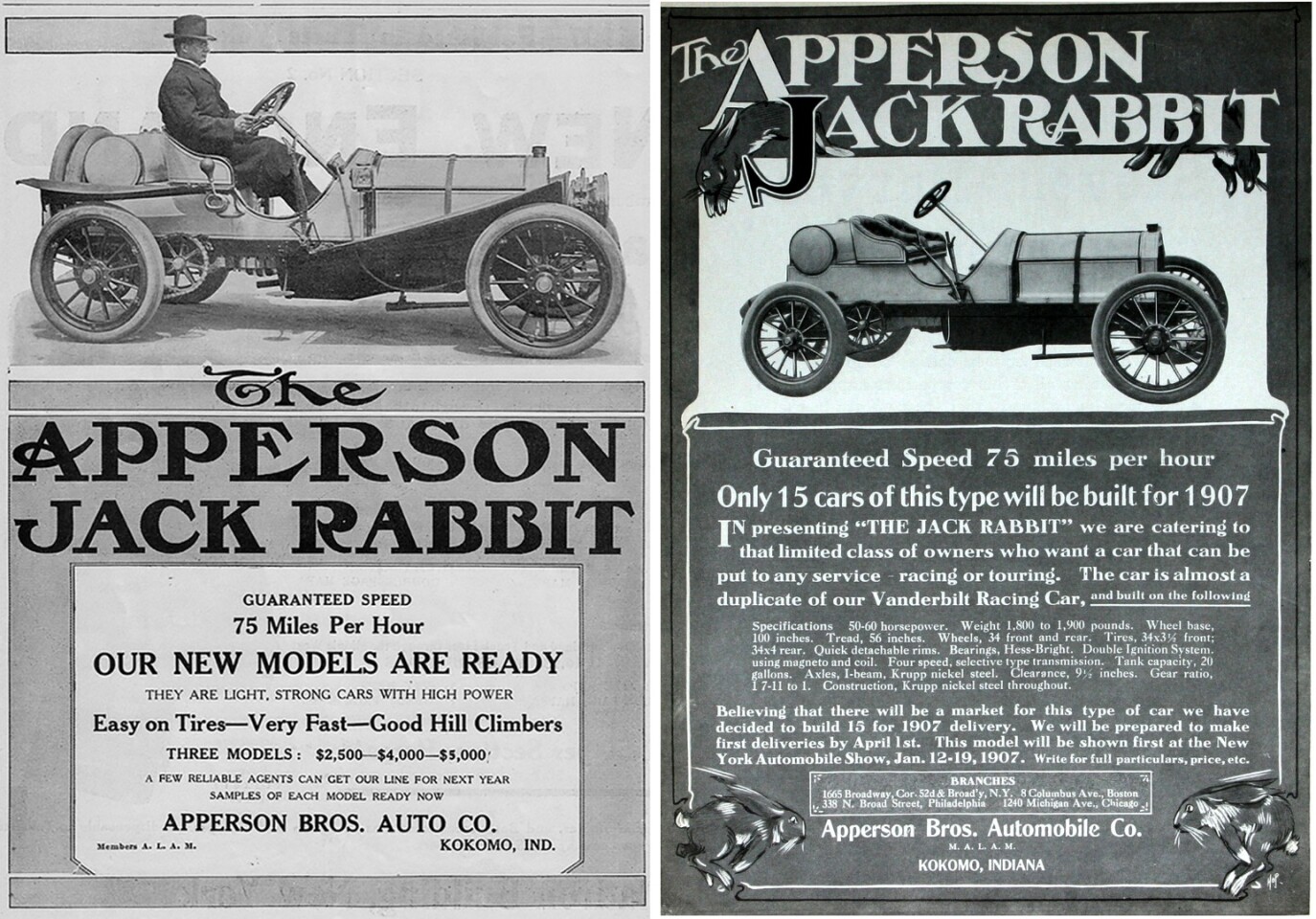 There can be little doubt from looking at the advertisements above from 1907 that the American Apperson Jack Rabbit was a sportscar in every sense, with a guaranteed top speed of 75 mph (121 km/h) and the advertisement reading: In presenting 'The Jack Rabbit' we are catering to that limited class of owners who want a car that can be put to any service - racing or touring. The Jack Rabbit was a two-seat roadster with a 96-hp, four-cylinder engine with 4-speed transmission and was performing well in the inaugural 1910 Indianapolis 500 when a freak accident (the car was in the pits when another car crashed into it) took it out of the race, but not before it had been timed at 91.83 mph (147.78 km/h).