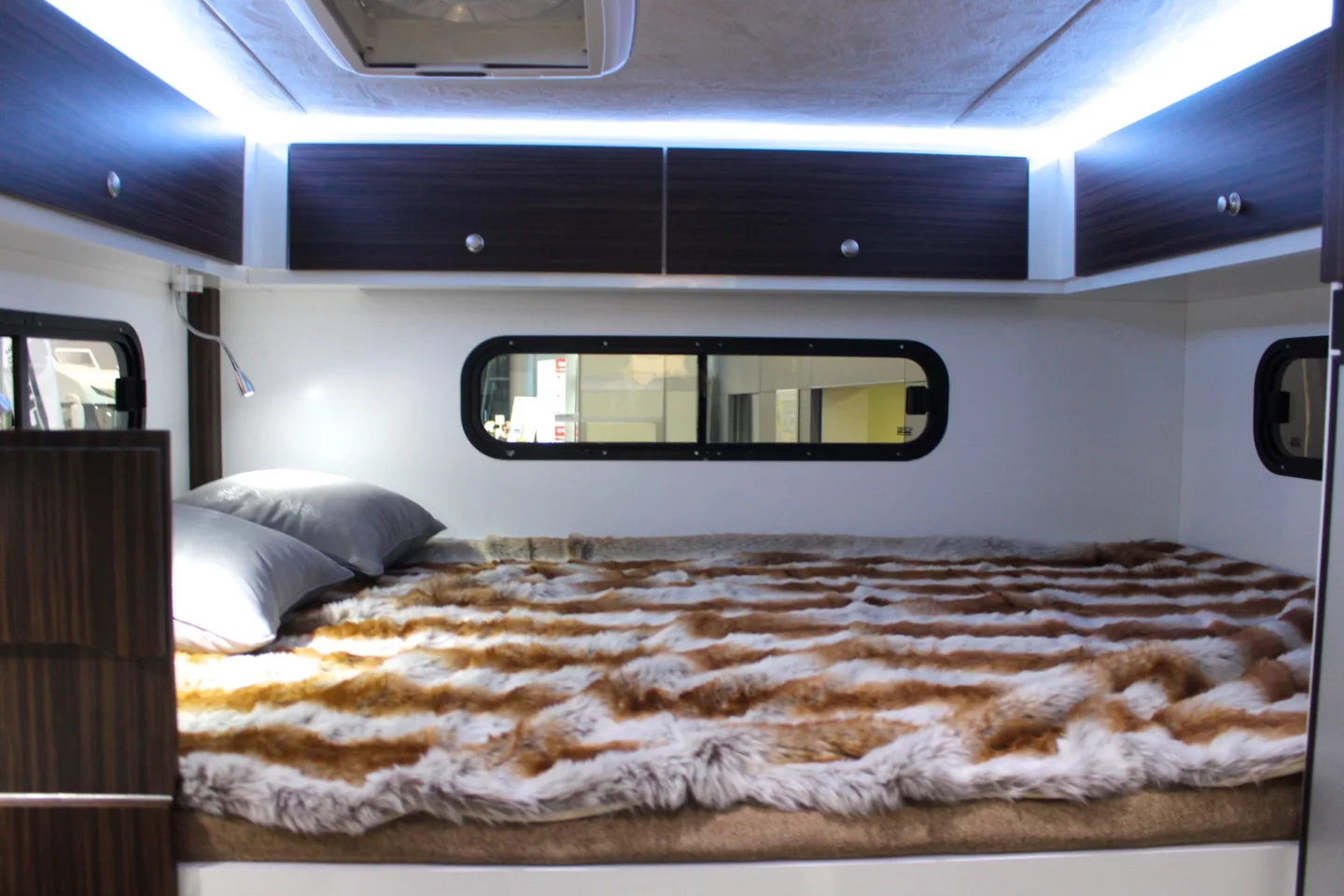 The rear bed of the Skydancer Apéro combines with the convertible driver cab to sleep a total of four people