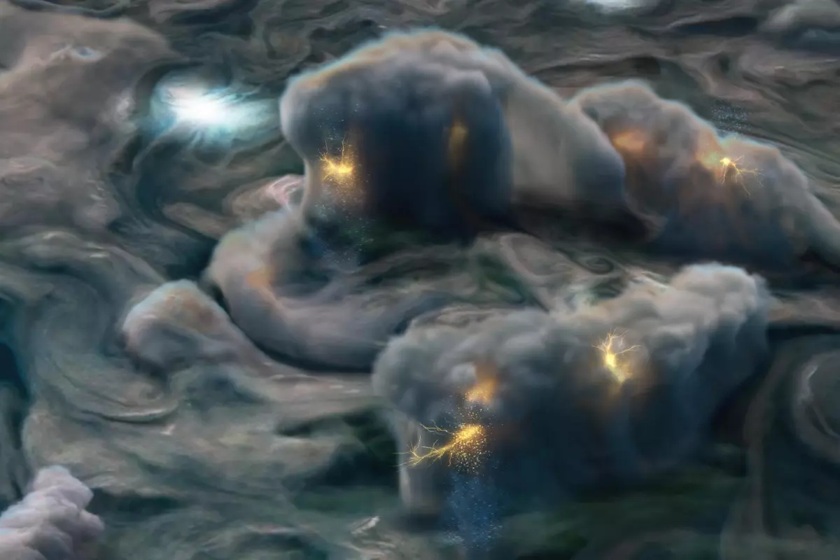 An artist's illustration of shallow lightning in Jupiter's atmosphere