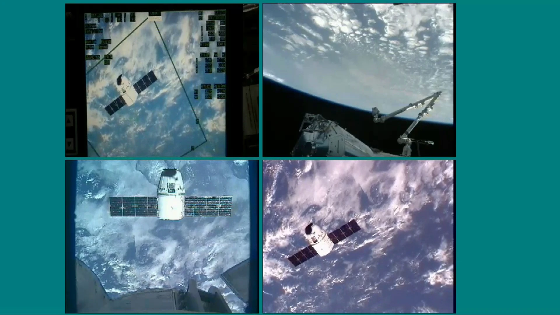 The Dragon spacecraft holding at 30 meters from the ISS (Photos: NASA)