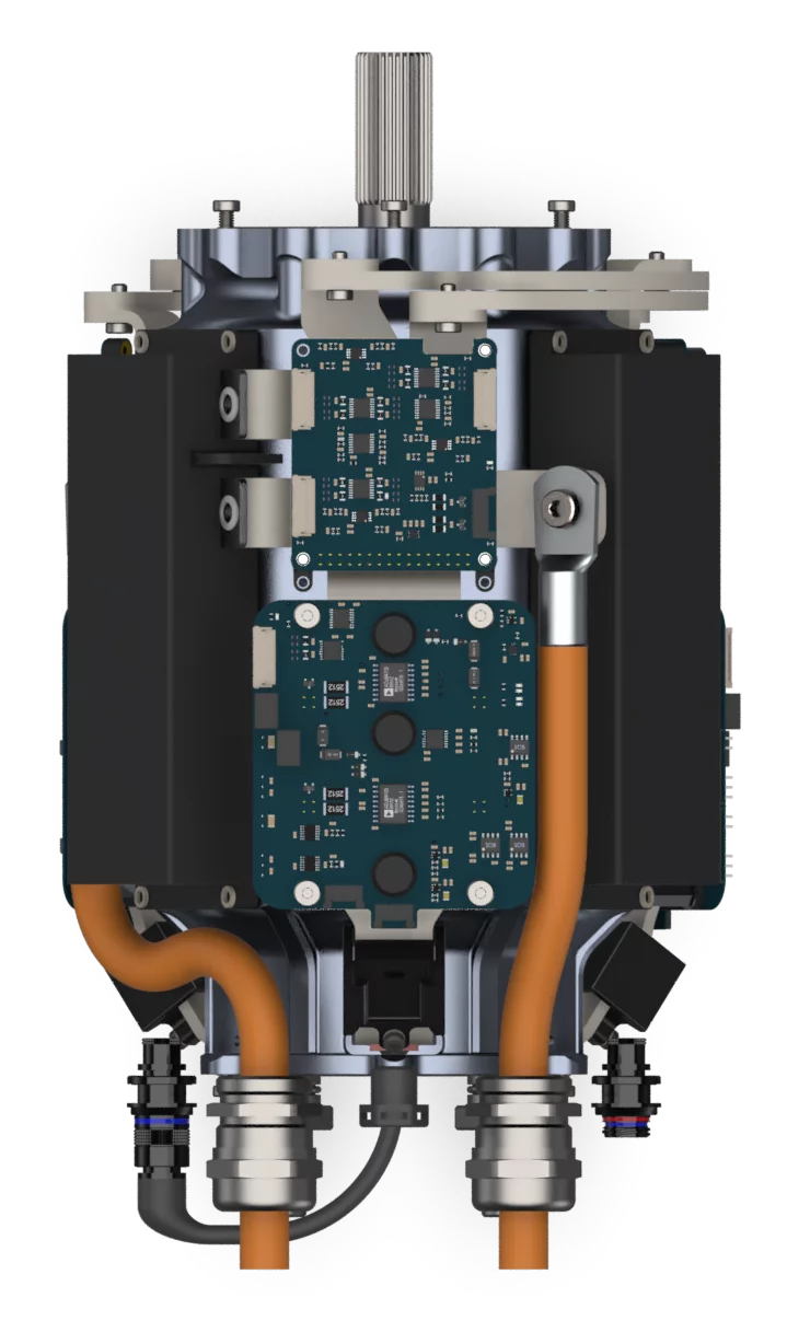 Integrating the inverters and other power electronics allows this design to run a single liquid-cooling jacket for both