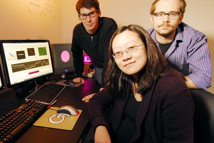 Georgia Tech graduate student Jeffrey Stirman, School of Chemical & Biomolecular Engineering associate professor Hang Lu, and graduate student Matthew Crane (left-right) (Image: Gary Meek)