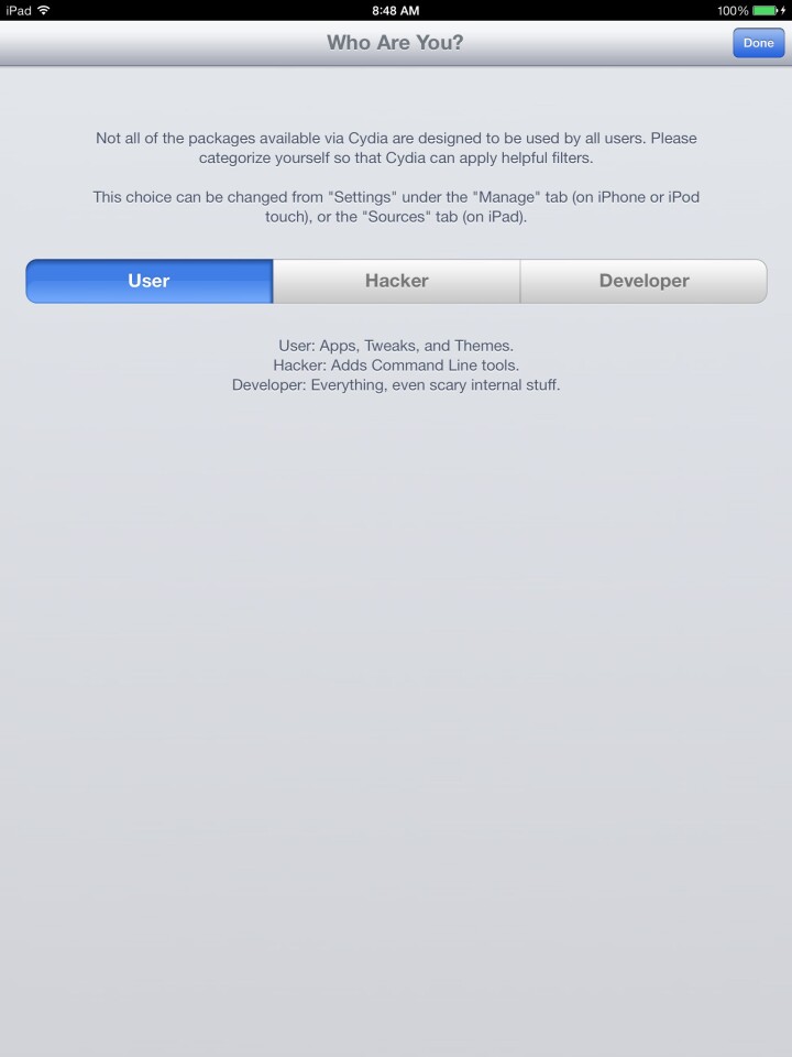 After the file system is prepared, open Cydia again and choose "user"