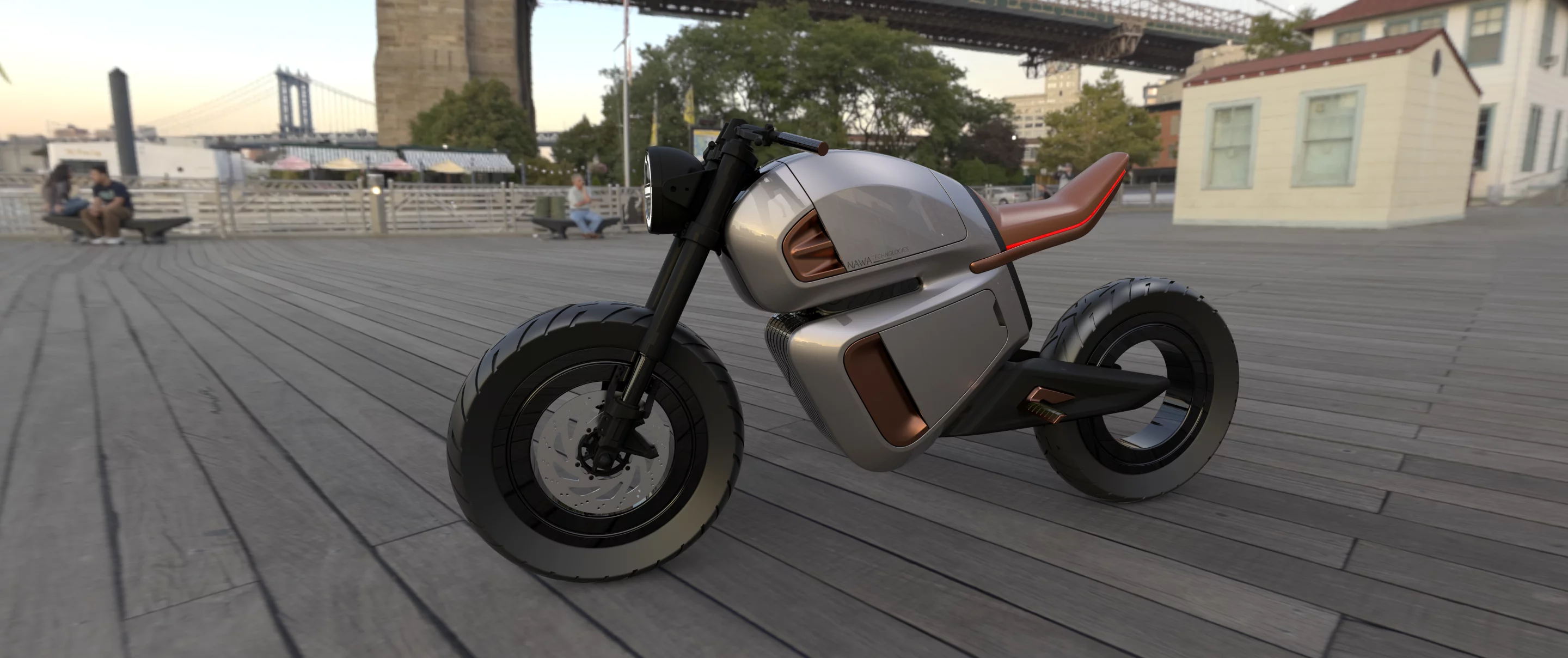 The bottom half of the bike's "chest" is a 9-kWh lithium battery pack. The top houses a 0.1-kWh Nawa ultracapacitor