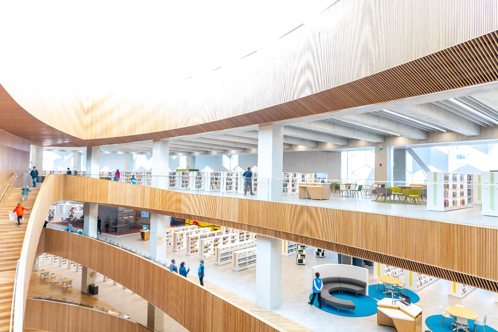 Calgary Central Library's main atrium is defined by its double-curved shell created from planks of western red cedar sourced from British Columbia
