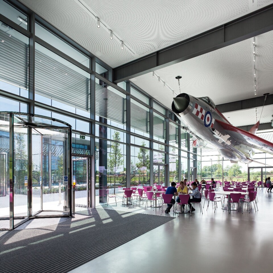 The café showcases James Dyson's own English Electric Lightning Jet, hung from the ceiling