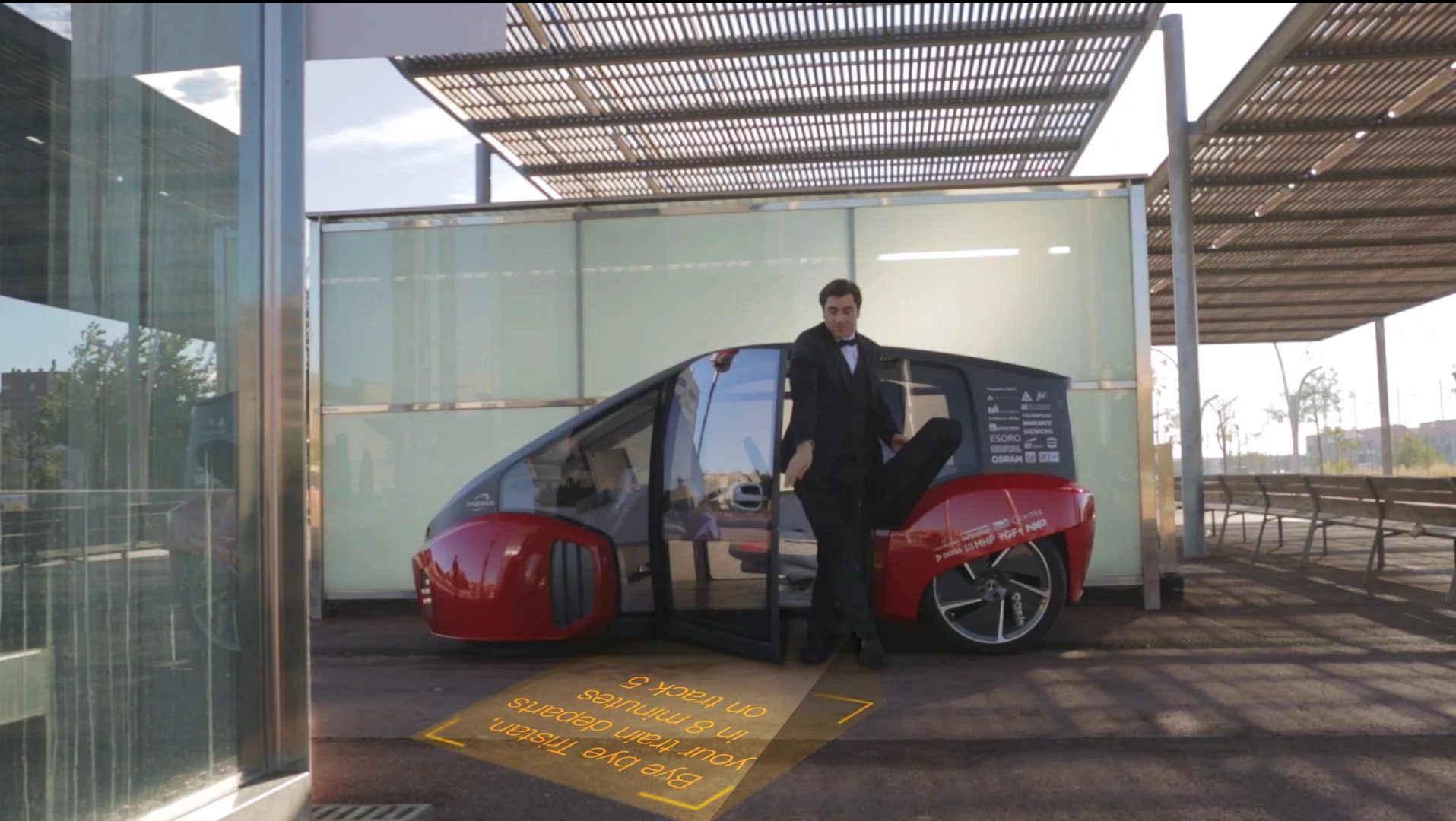 Illuminated messages shoot forth from the Rinspeed Oasis