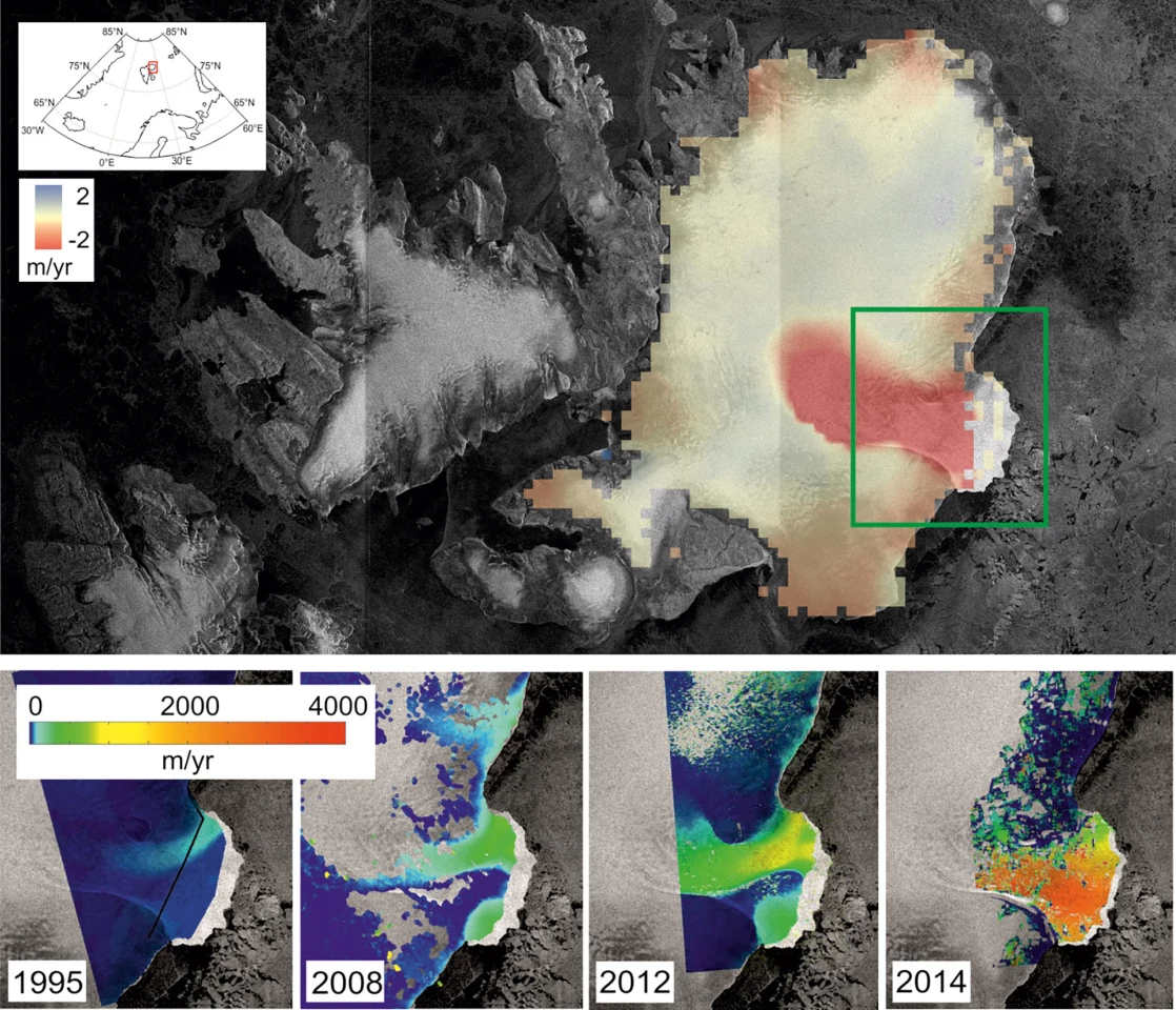 The top figure shows the rate of elevation change between 2010 and 2014, with red indicating a lowering of ice surface. An evolution of ice velocity over two decades is shown at the bottom of the image (Image: CPOM/GRL)