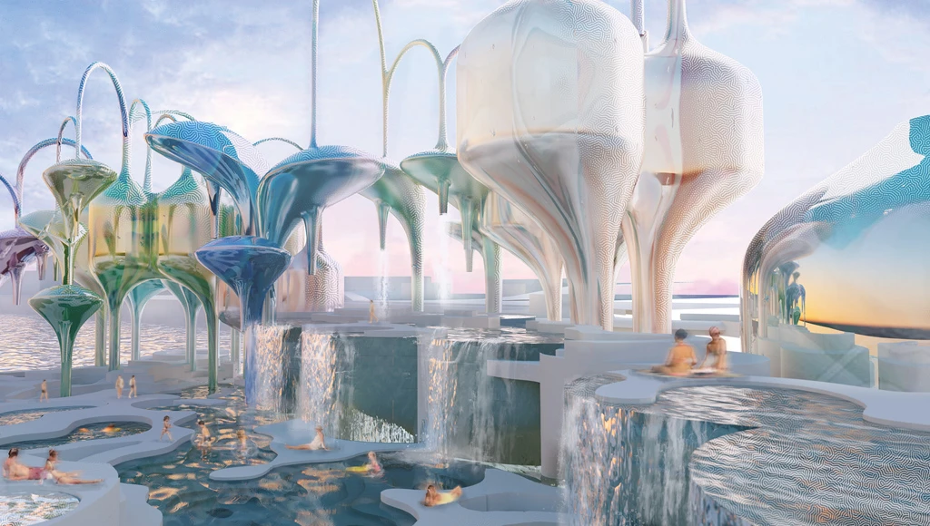 First Place - Tidal Terrains. Designer notes: "The proposal incorporates programs such as swimming, the agricultural farming of algae, restaurants and boulevards into a floating park typology which embraces water and encourages access to make it once again a sociable, livable part of the city. Within these programs, the landscape integrates a cycle in which algae, wastewater and atmospheric CO2 is converted to energy, food products and clean water. As such, this means that the dirty water of the Thames River becomes an asset to produce energy, rather than a commodity to be expensively processed."