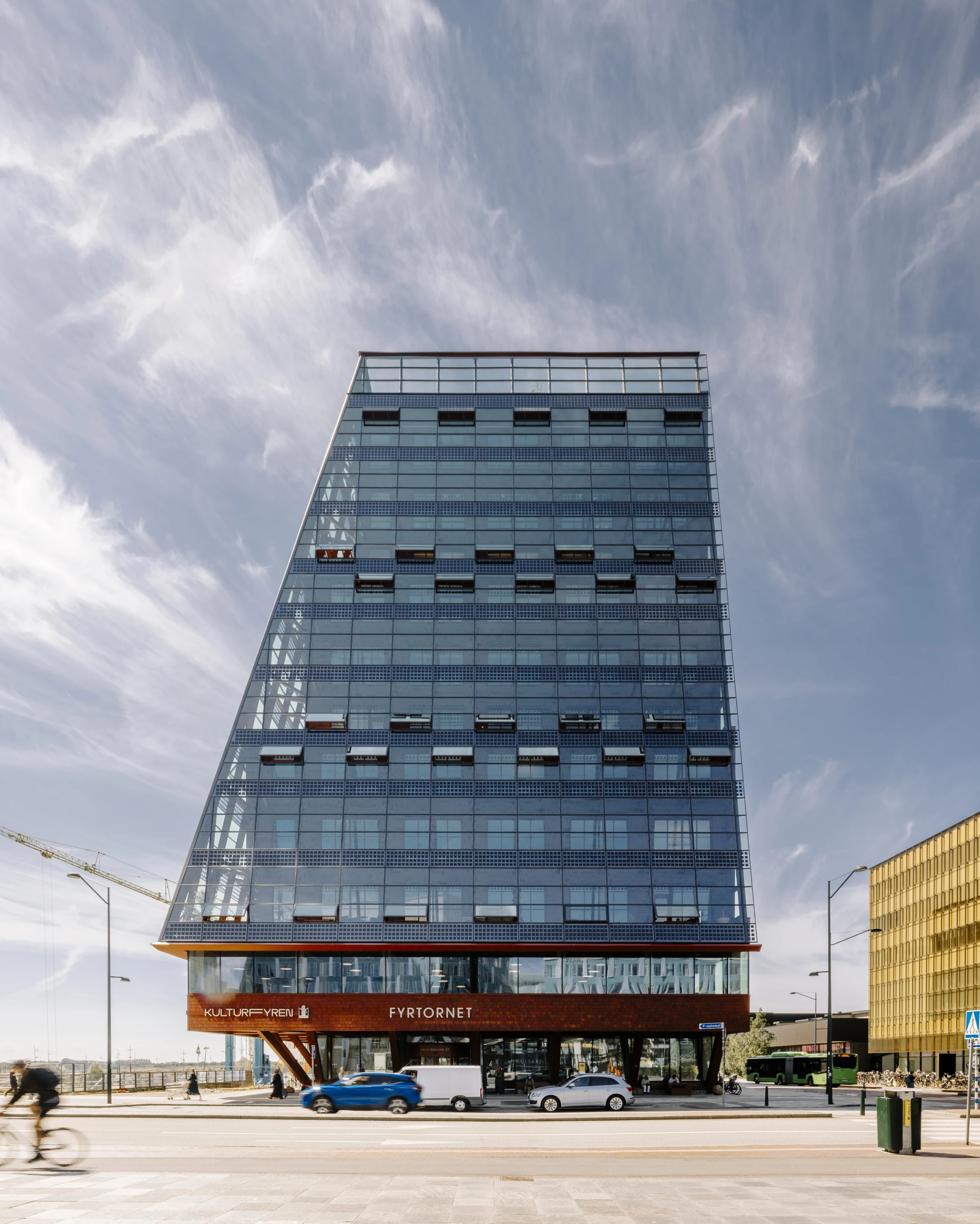 The Fyrtornet's exterior is partially finished in glazing which has integrated solar panels, helping reduce its draw on the power grid
