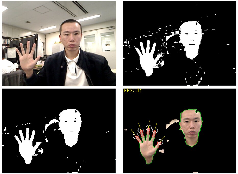 The hand and fingertip detection procedure separates out the skin tone
