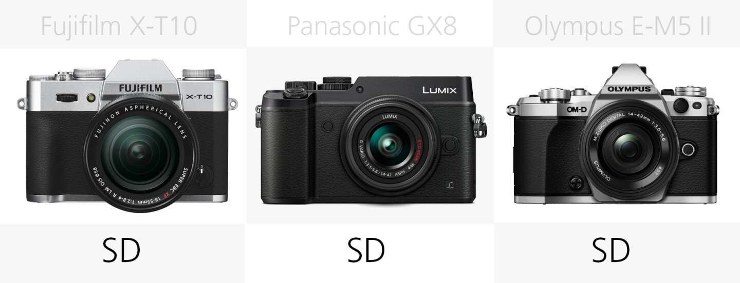 Storage media comparison Fujifilm X-T10, Panasonic GX8 and Olympus E-M5 II
