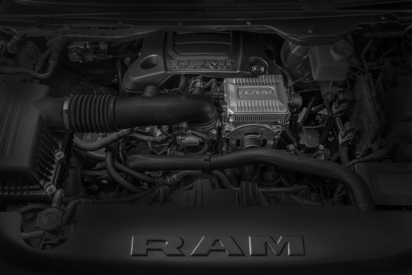The eTorque system add-on takes up very little extra space in the engine compartment of the Ram 1500 with the V8 Hemi