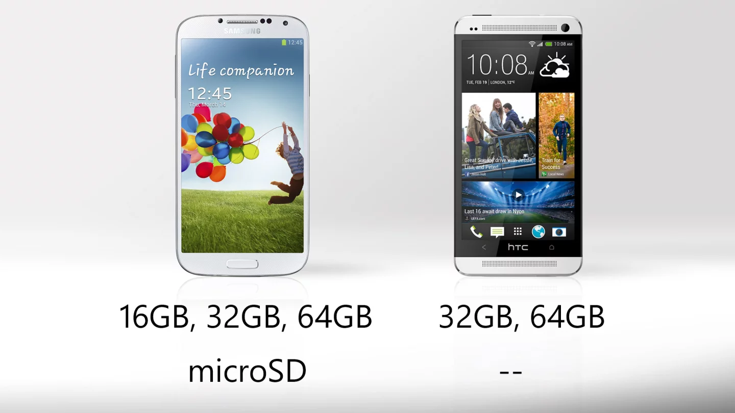 The Galaxy S4 has a microSD slot, but the One's base model has double the storage of the S4's base model