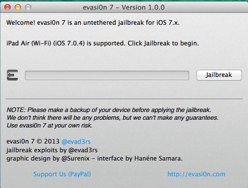 This is the screen that the evasi0n tool will welcome you with on your PC
