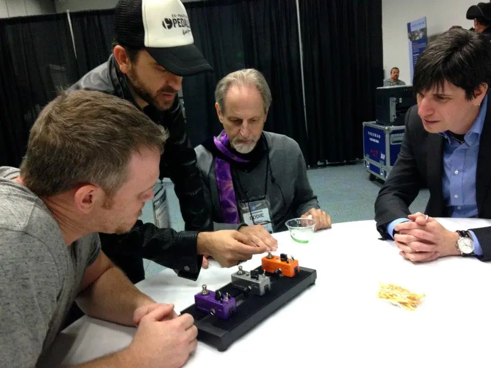 Francesco Sondelli and Eddie Kramer demonstrate the F-Pedal wirelessly-powered stomps