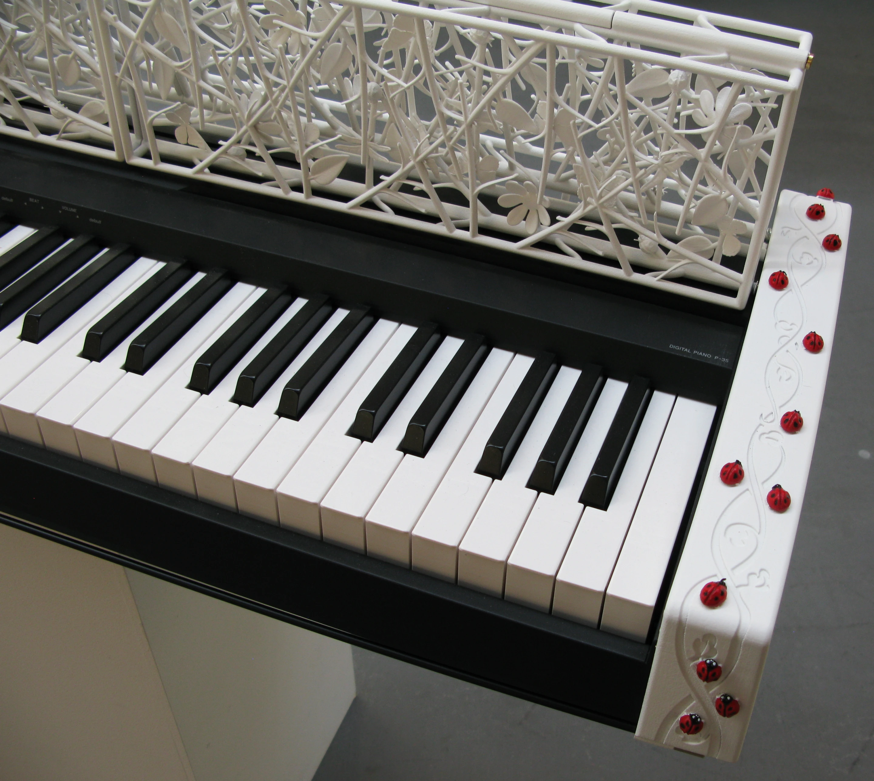 An army of ladybugs marches up and over the side of the keyboard