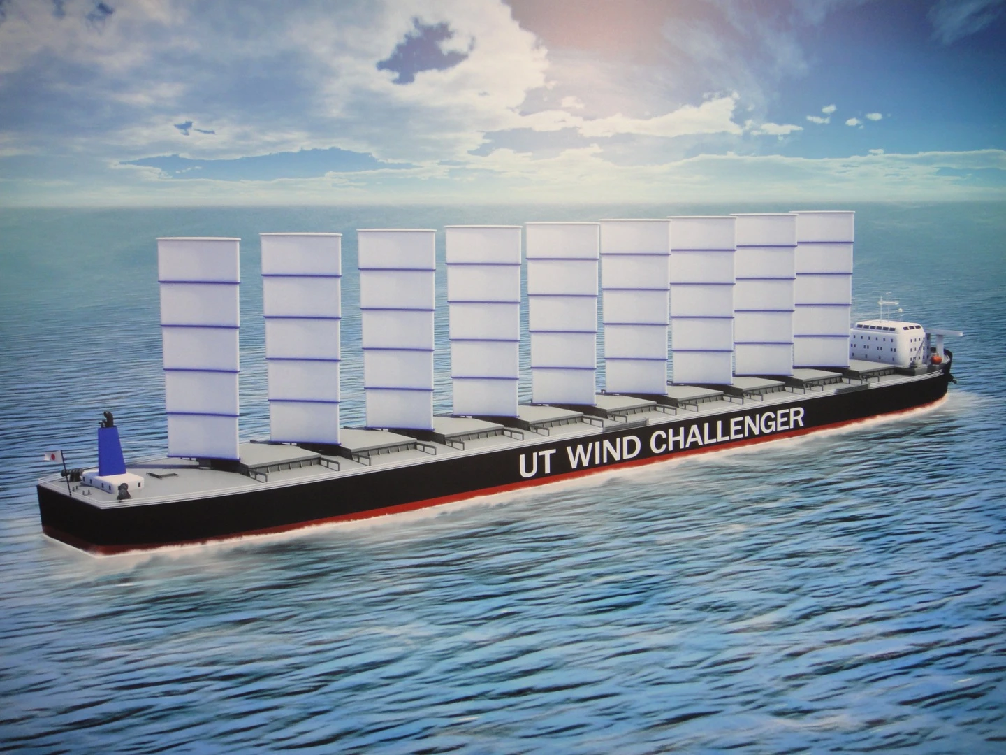 Depiction of a cargo ship equipped with the Wind Challenger Project system of sails
