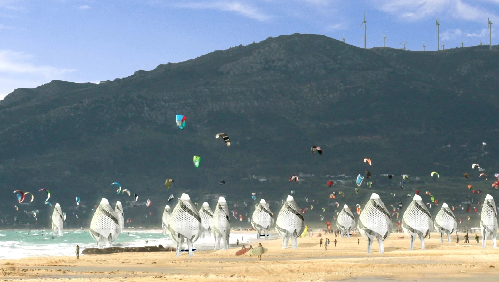 Special Recognition - Surftopia. Designer notes: "Surftopia is born from the observation of human activity at the beaches. This temporary colonization is often determined by the use of umbrellas that deploy, acting as occupancy indicators. The proposal dialogues with the environment through a series of reactive masts that open and close like umbrellas depending on the amount of surfers using the beach. When closed they conform a field of vertical lines, that doesn´t obstruct the views and allows the use of the space in between them. However, when rented they deploy to accommodate a fully equipped living unit."
