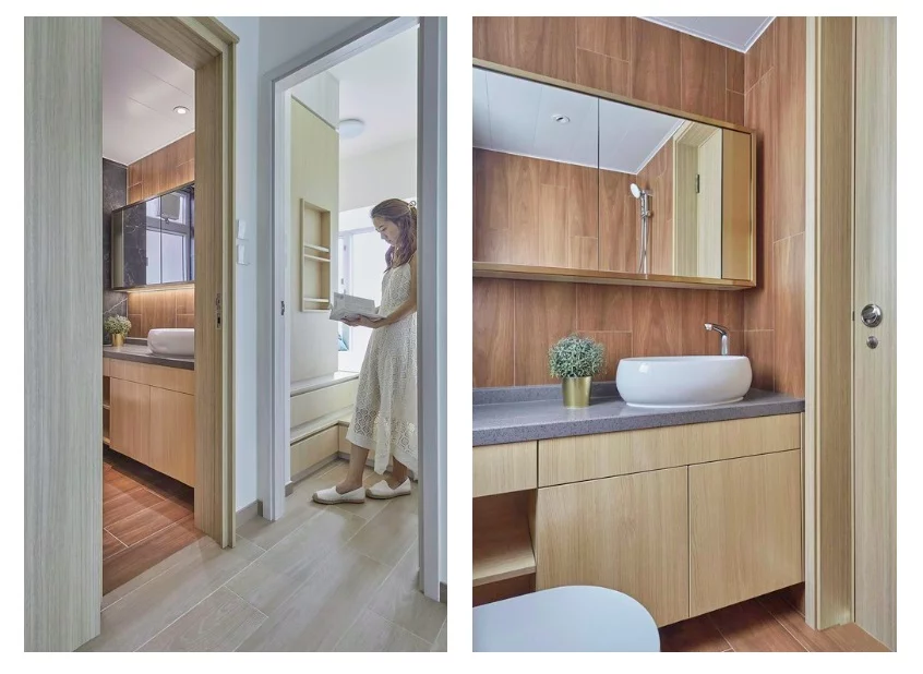 Modern bathroom, complete with a quartz stone counter-top, basin, and ample storage