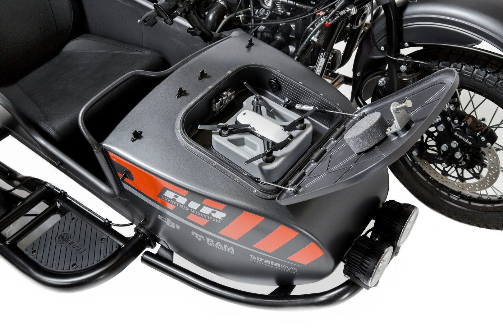 The Ural Air's built-in DJI Spark compartment