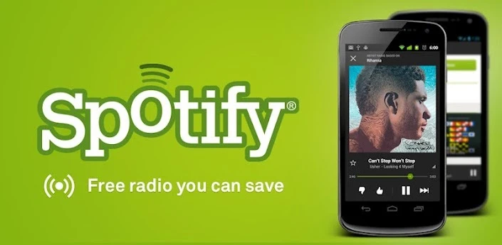 The Spotify Android app banner on Google Play uses the radio feature as a key selling point