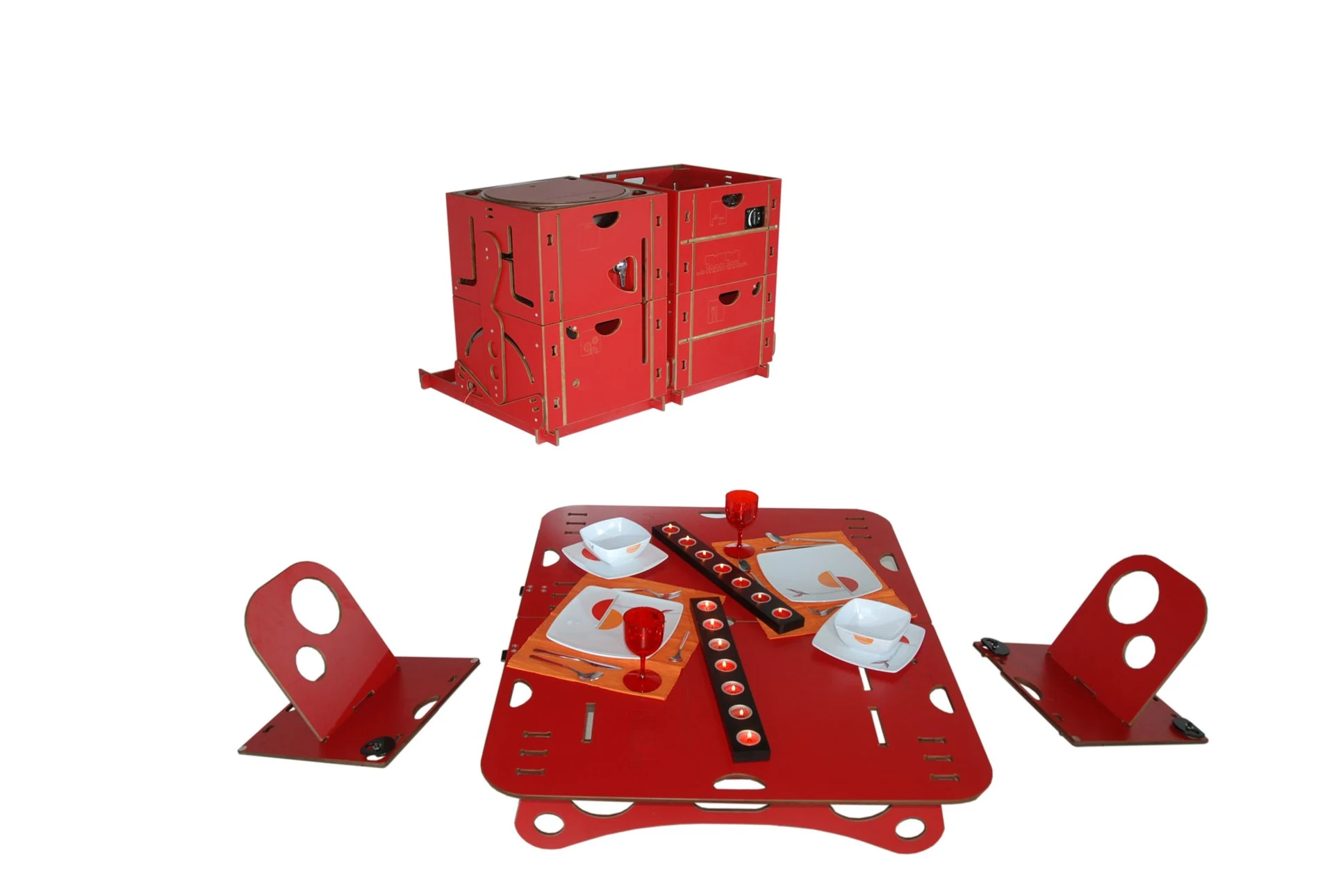 Roombox parts quickly transform into tables and chairs