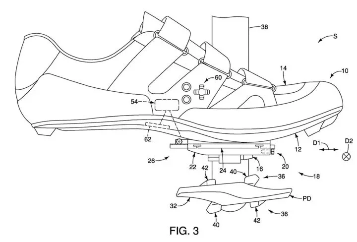 The adjuster unit can be seen more clearly in this diagram, between the sole and the cleat. Also, look at point 60, just above the cleat, and you can see a cross shaped controller. This allows the shoe to be adjusted manually