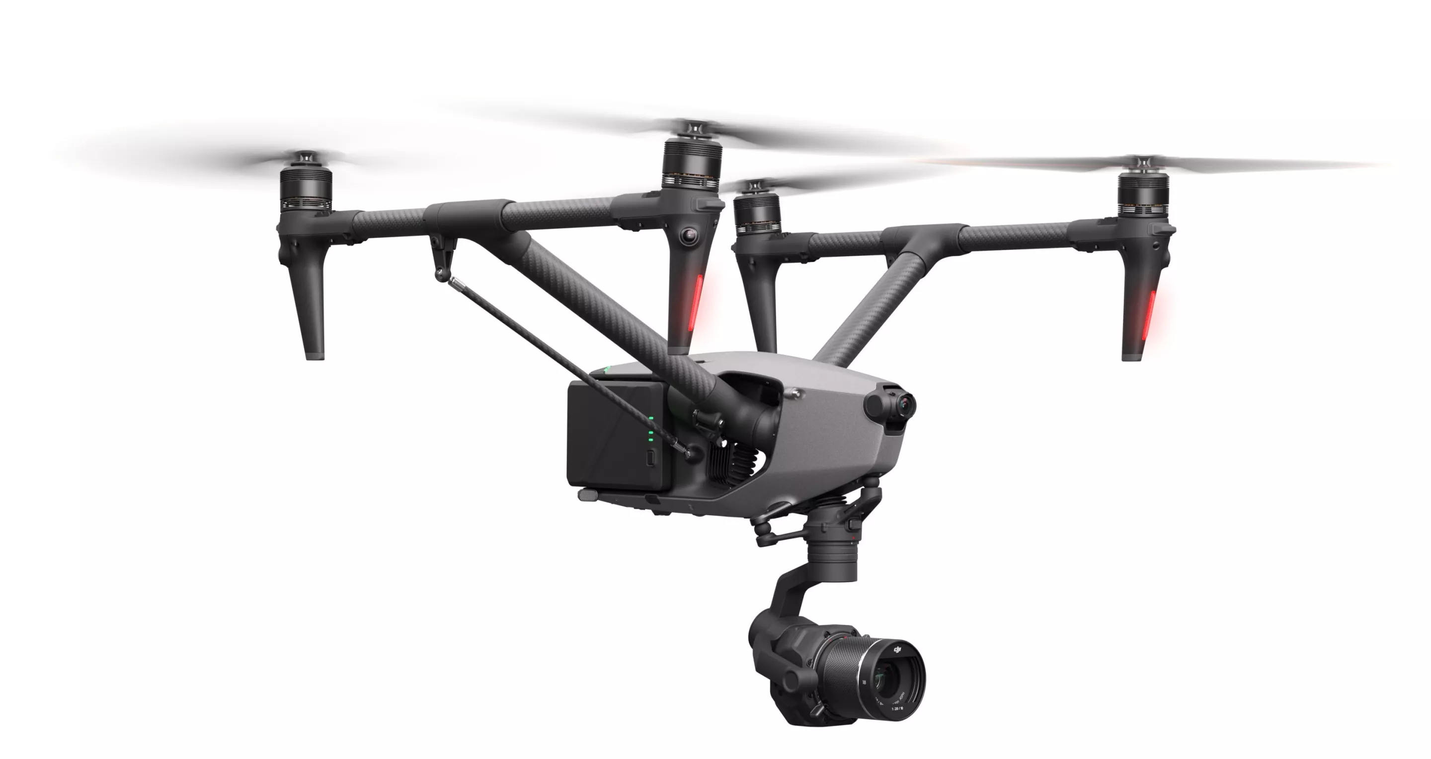 The DJI Inspire 3 cinema drone features an 8K full-frame gimbal camera, a 1080p night-vision FPV camera, omnidirectional object detection, low-latency live feed from 15 km away, and a flight time of nearly half an hour