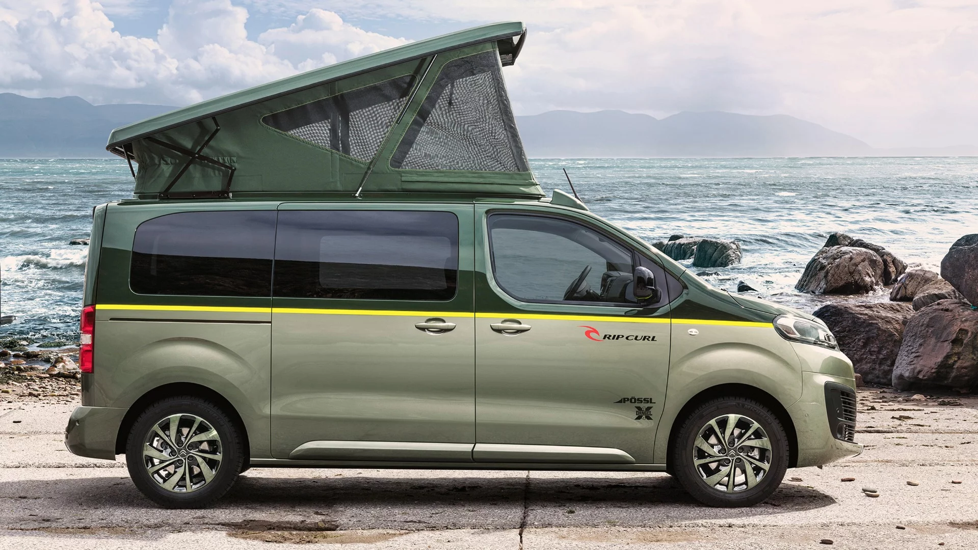 The Citroën SpaceTourer Rip Curl Concept is a compact 4WD camper-van with a camper-van conversion by Pössl, and a 4x4 conversion by Automobiles Dangel.